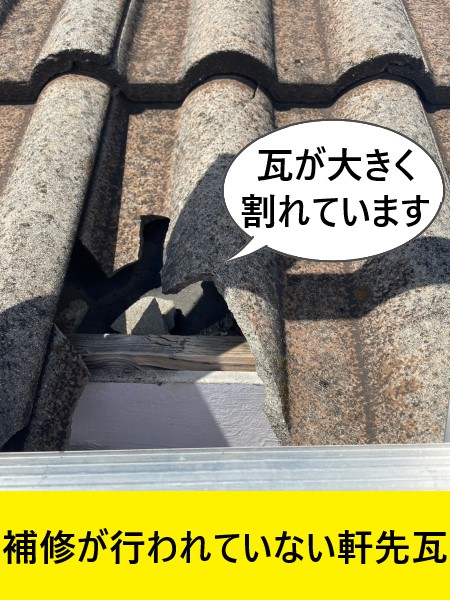 堺市東区で軒先のパラマウント瓦が割れている住宅点検｜屋根材の塗膜が劣化し屋根塗装のご提案